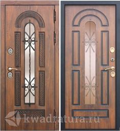 Входная металлическая дверь со стеклопакетом и ковкой 9,5 см Vikont Орех грецкий/Орех грецкий